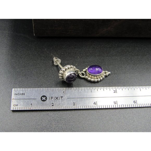 Sterling Silver Double Uncut Amethyst Fancy Earrings Vintage Wedding Engagement - Picture 6 of 7